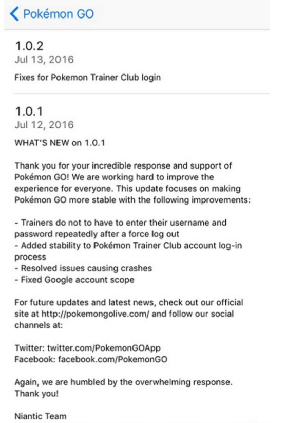 Pokemon Go updates