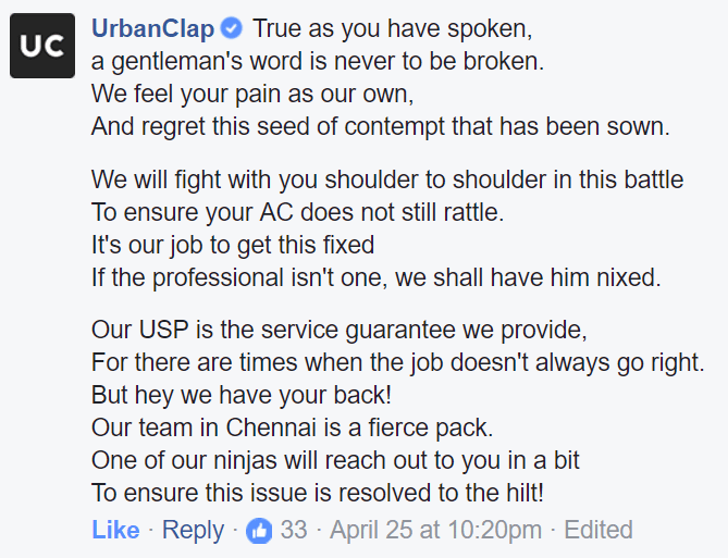 UrbanClap reponse
