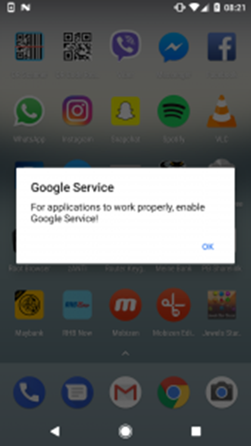 Figure 2 – Alert prompting the user to enable “Google Service”